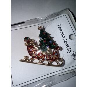 NWT Goldtone Sleigh And Christmas Tree Brooch With Rhinestone Accents